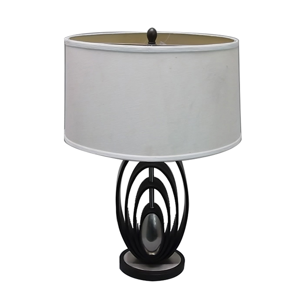 Modern Wood Table Lamps Brushed Steel Off White Oval Shade 2