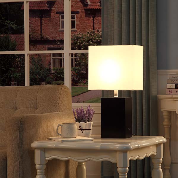 Square wood Side Table with touch switch and  Desk Lamp with white fabrich shade 4